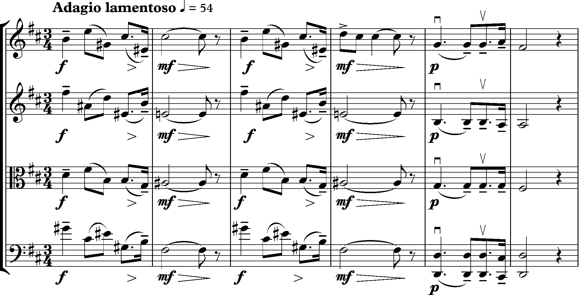 Score excerpt of the opening bars of the Adagio lamentoso finale showing the descending theme split note by note between first and second violins