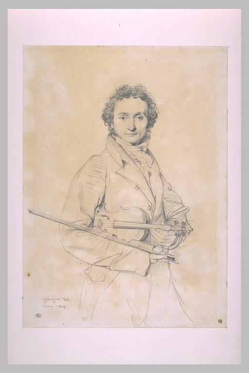 Ingres pencil portrait of violinist Niccolo Paganini holding his violin and bow