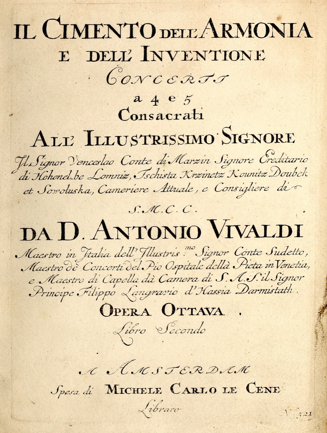Printed title page of Vivaldi's Il cimento dell'armonia e dell'inventione, Opus 8, published in Amsterdam