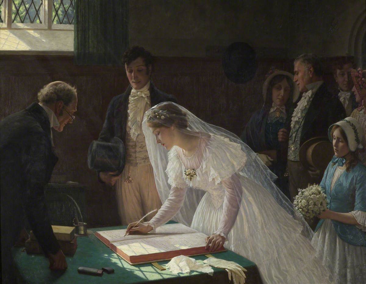 A Victorian bride in a white veil signs the wedding register at a church ceremony in Edmund Blair Leighton's painting The Wedding Register.