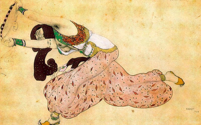 Leon Bakst watercolour costume design showing a dancer in a patterned oriental robe and headdress for the ballet Scheherazade