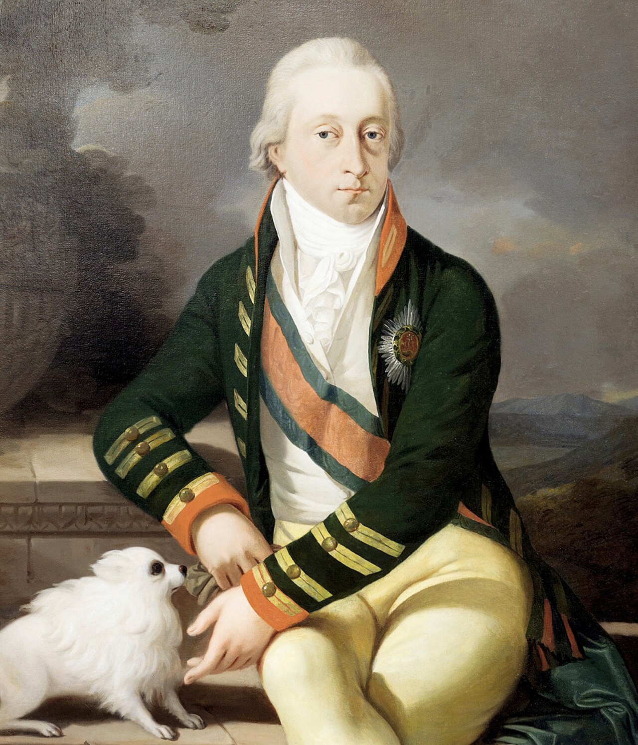 Painted portrait of Prince Nikolaus II Esterhazy in a green military coat with medals, accompanied by a small white dog