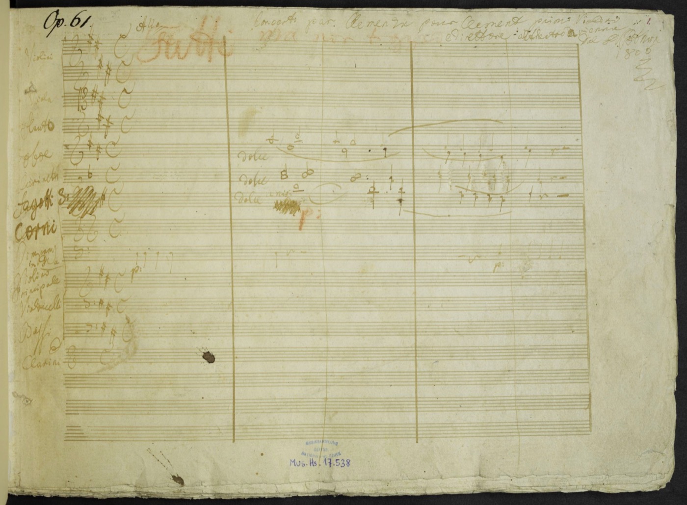 Page of Beethoven's handwritten autograph score for the Violin Concerto in D major, Op. 61, showing orchestral staves and corrections