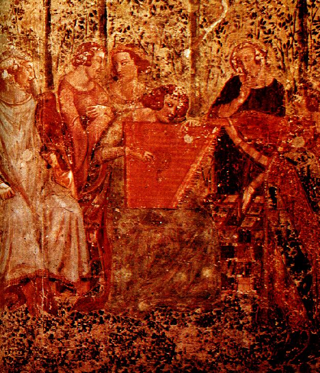 Detail of a medieval fresco showing figures gathered beside open coffins in a wooded landscape