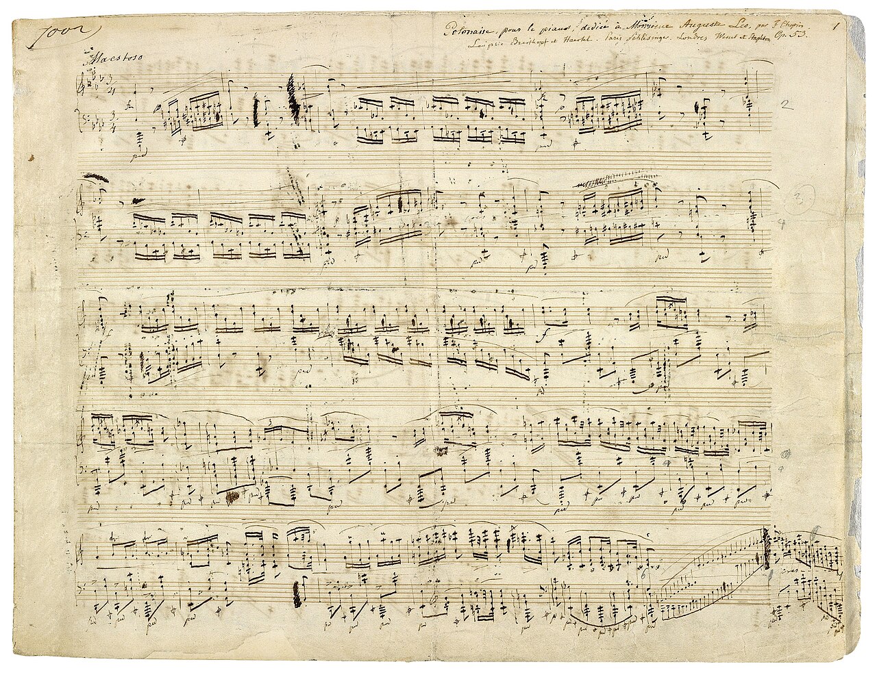 First page of Chopin's handwritten autograph manuscript of the Polonaise in A-flat major, Op. 53, marked Maestoso
