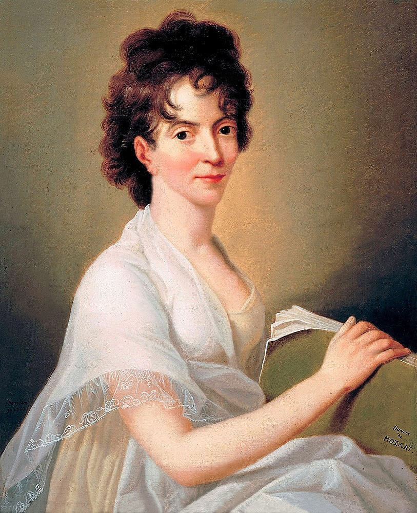 Portrait of Constanze Mozart in a white dress holding a sheet of music, painted by Hans Hansen