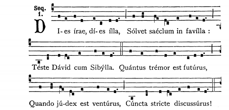 The opening of the Dies irae plainchant printed in square notation on a four-line stave with Latin text