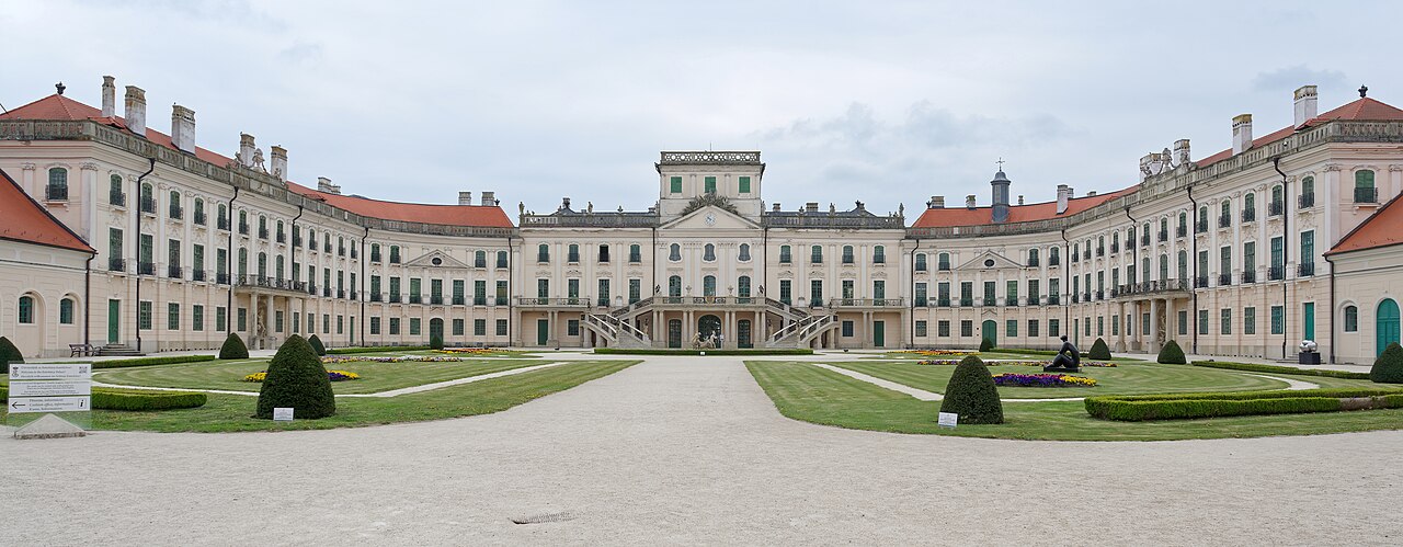 The long baroque facade of the Esterhazy Palace at Fertod, Hungary, seen from the forecourt