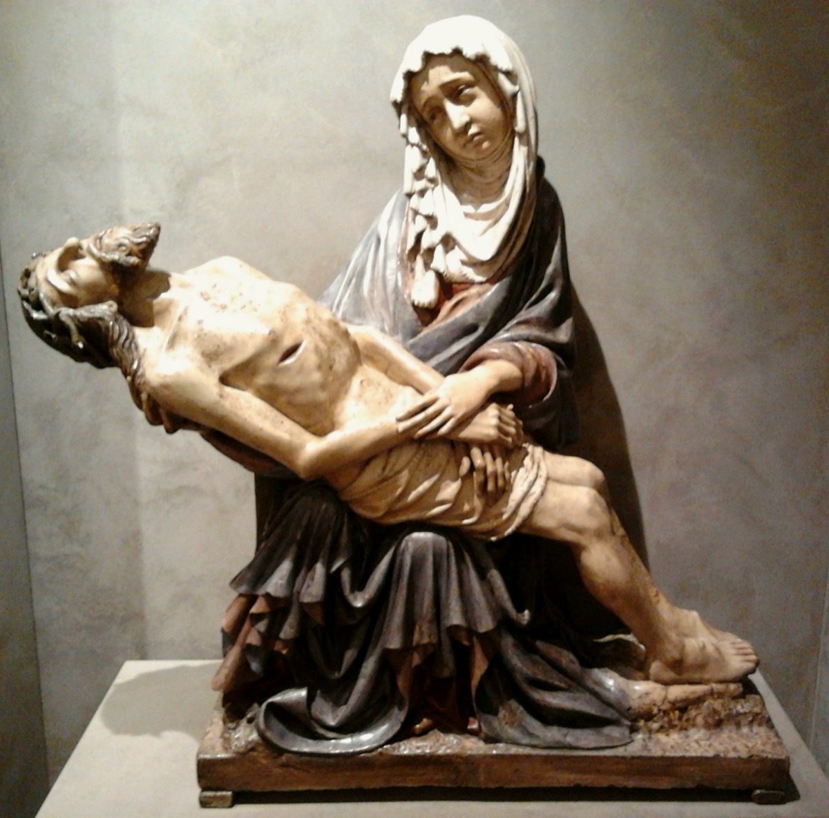 Medieval Silesian painted wooden Pieta sculpture showing the Virgin Mary holding the body of Christ across her lap