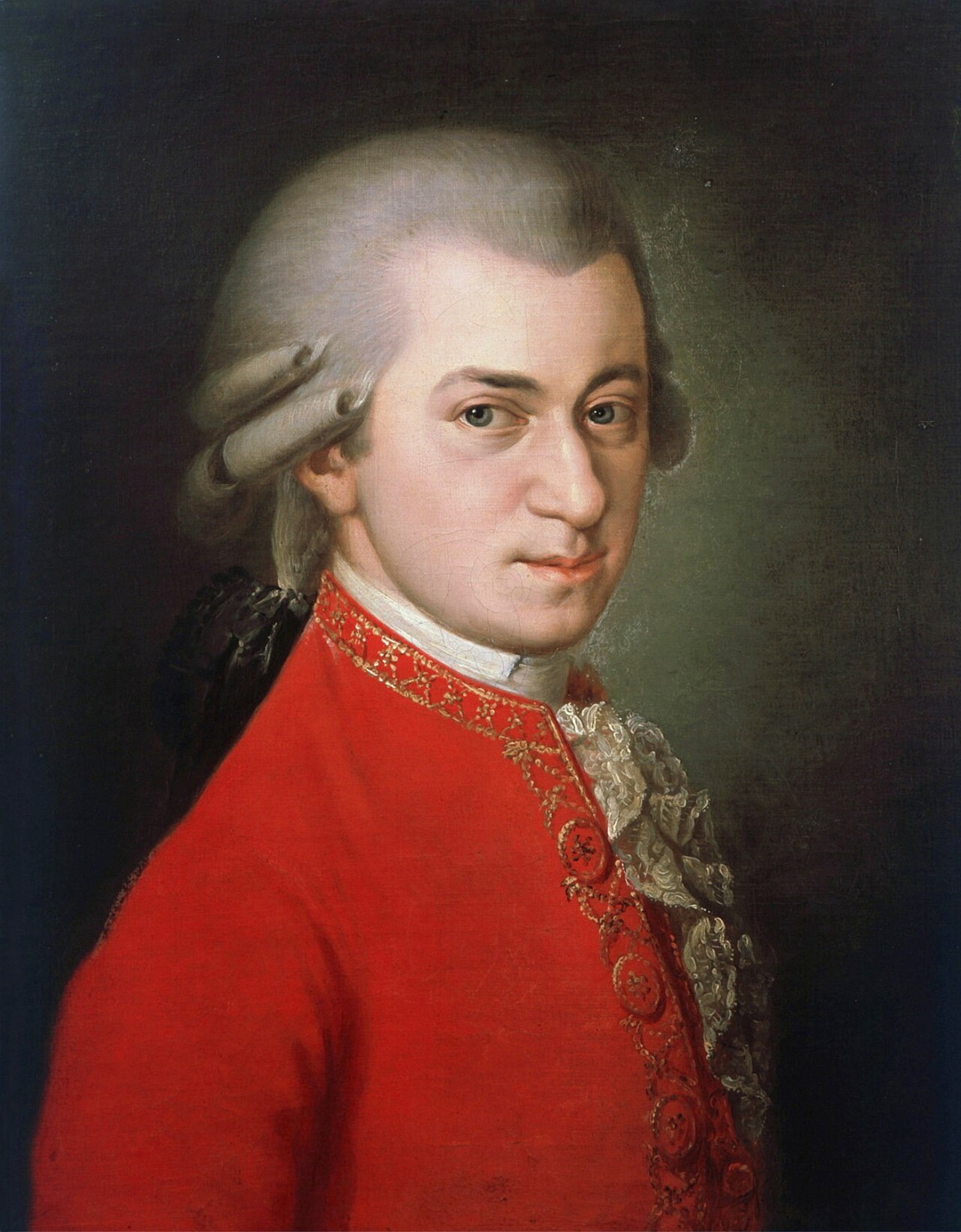 Posthumous oil portrait of Wolfgang Amadeus Mozart in a red coat, painted by Barbara Krafft