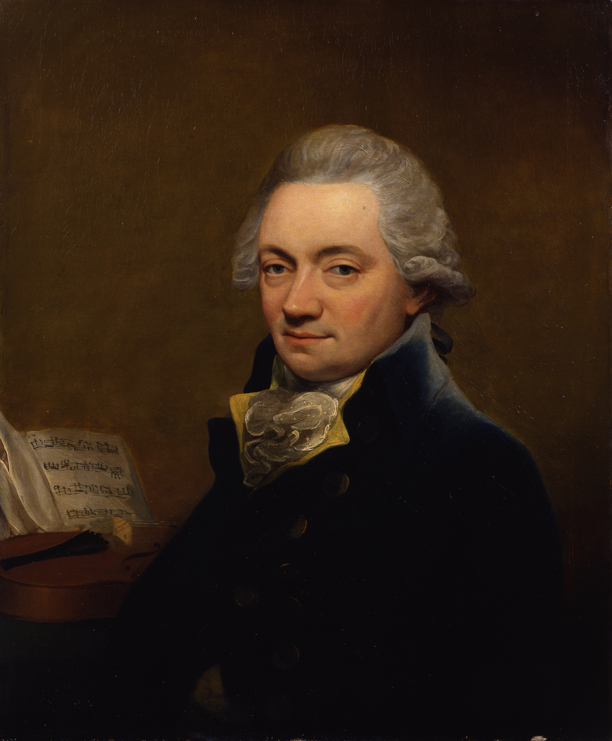 Portrait of the violinist and concert promoter Johann Peter Salomon seated with a violin and sheet music