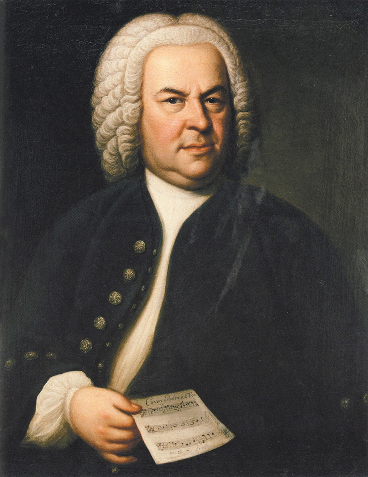 Portrait of Johann Sebastian Bach by Elias Gottlob Haussmann, holding a sheet of music