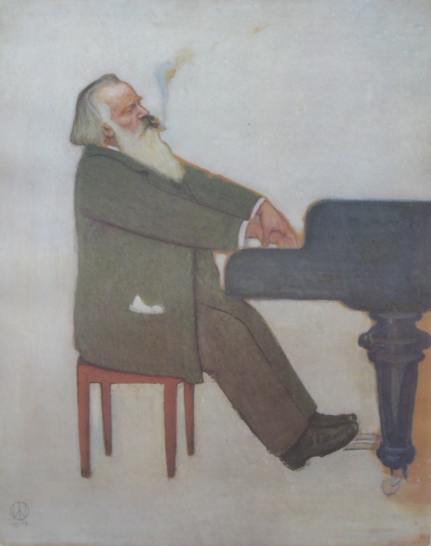 Drawing of Johannes Brahms seated at a grand piano with a pipe in his hand