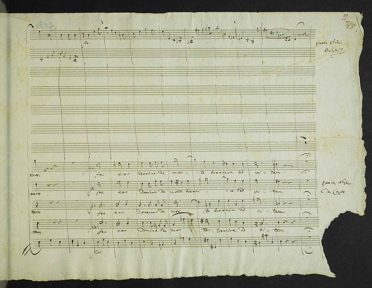 Final page of Mozart's working score of the Requiem, showing the handwritten instruction Quam olim da Capo at the lower edge