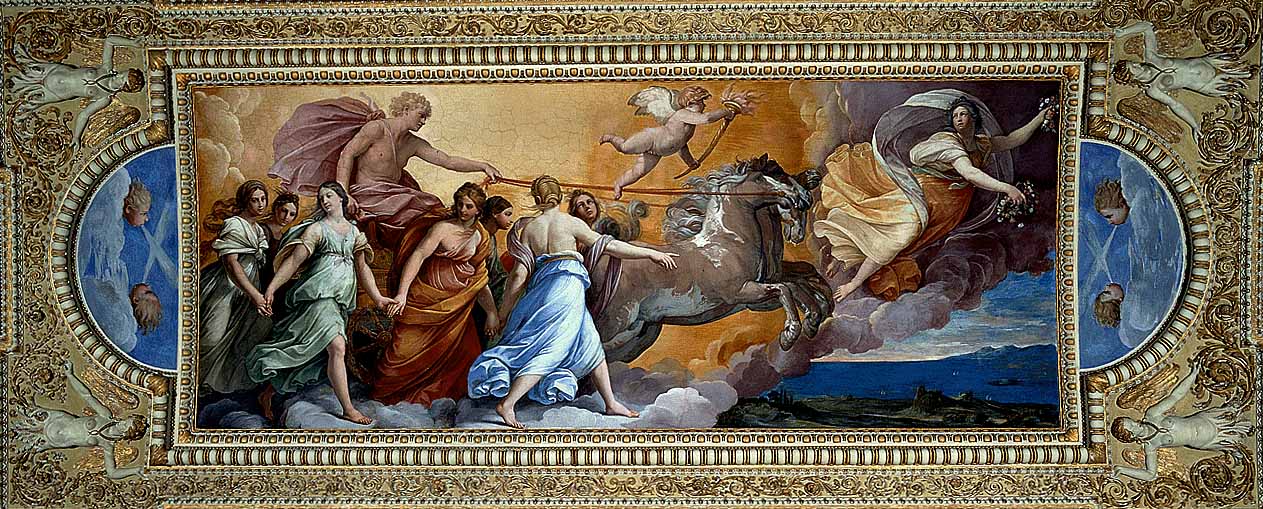 Guido Reni's ceiling fresco Aurora, showing the goddess of dawn leading Apollo's chariot through morning clouds