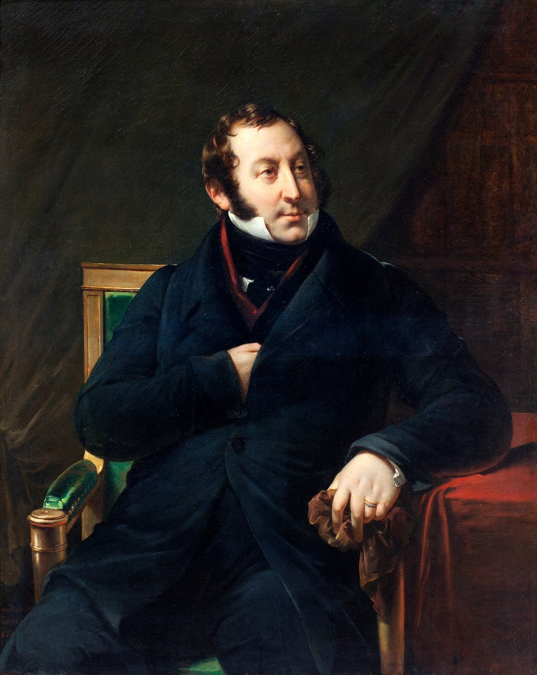 Painted portrait of the composer Gioachino Rossini in 1828, seated in a dark coat
