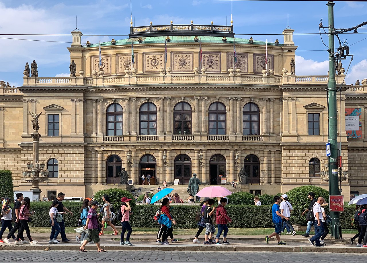 Exterior of the Rudolfinum concert hall in Prague, a neo-Renaissance building with a colonnaded facade