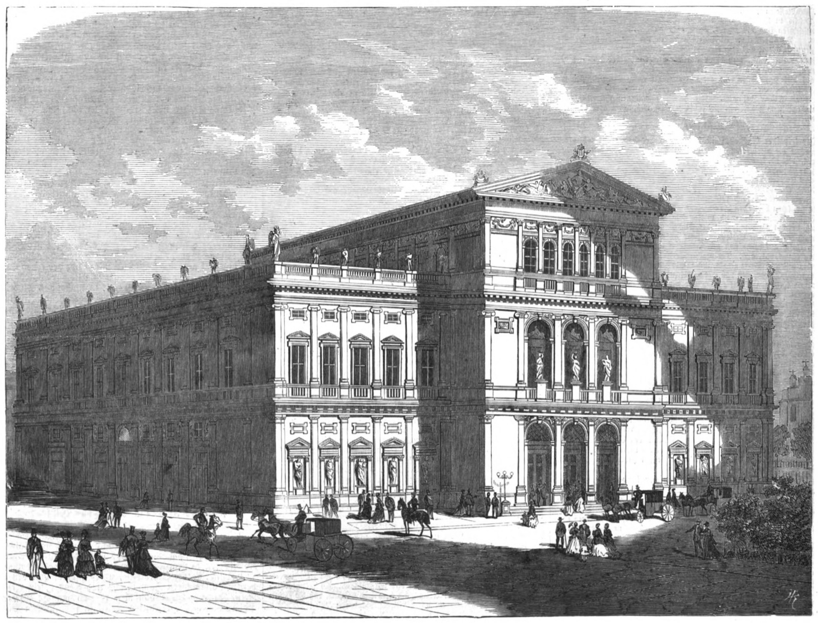 Nineteenth-century engraving of the Musikverein concert hall building in Vienna with carriages and pedestrians on the street