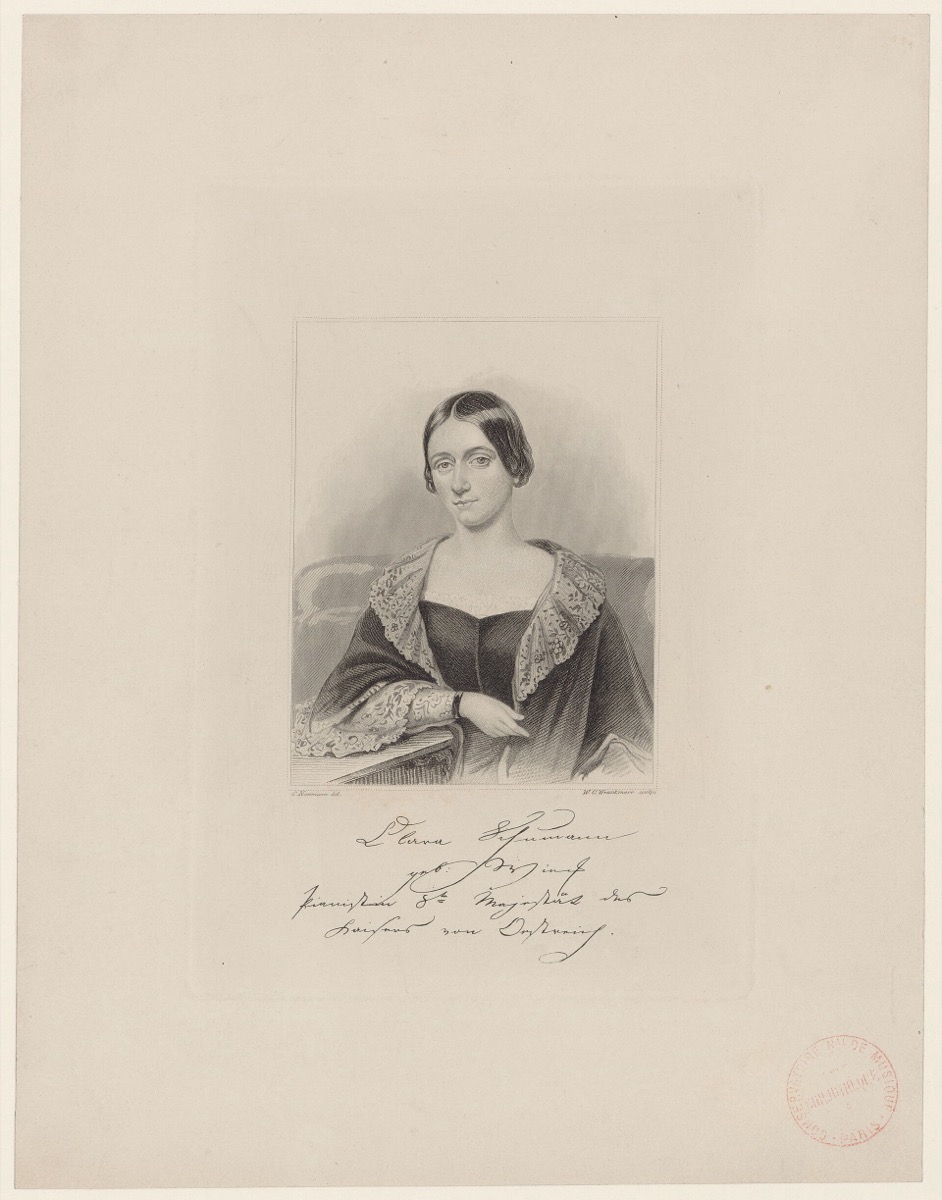 Nineteenth-century engraved portrait of the pianist Clara Schumann with her signature beneath