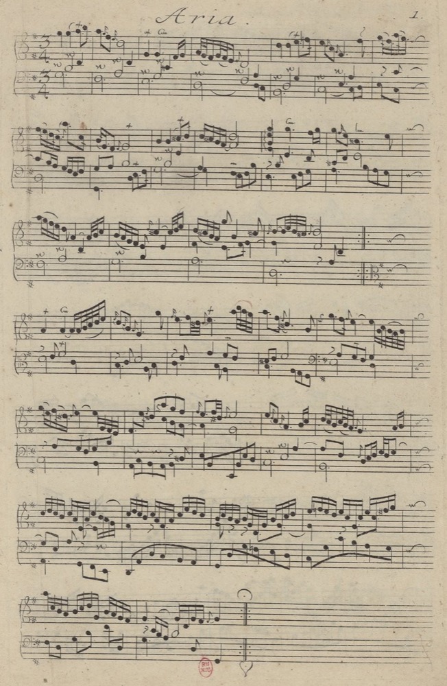 First edition engraving of the opening Aria of the Goldberg Variations, showing ornamented keyboard notation