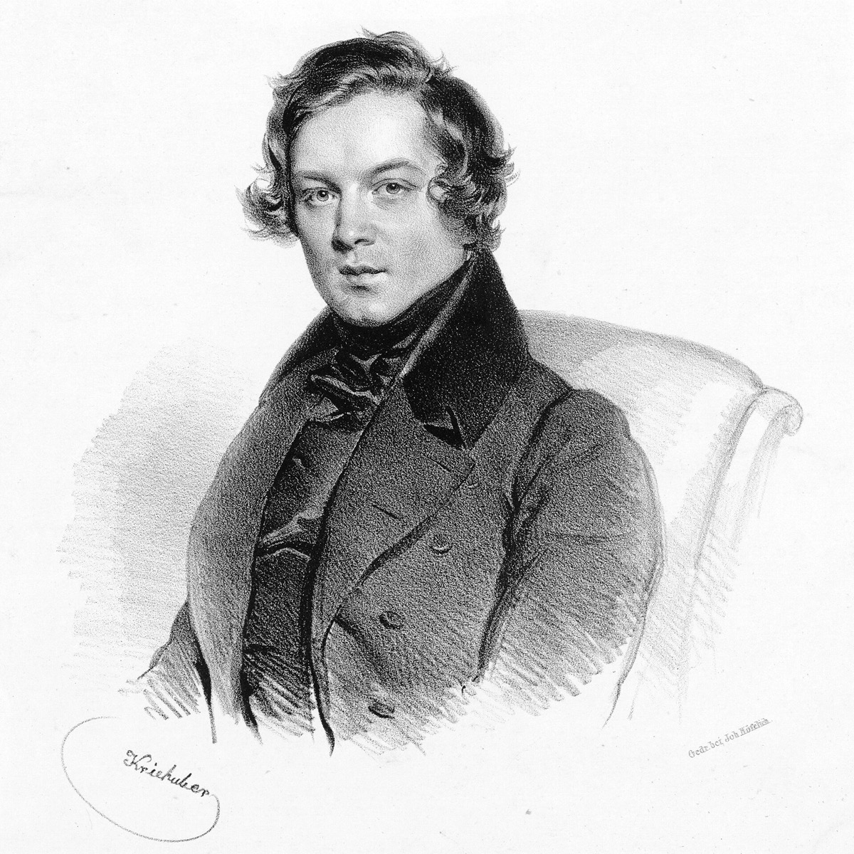 Lithograph portrait of the composer Robert Schumann by Josef Kriehuber, showing him in three-quarter profile