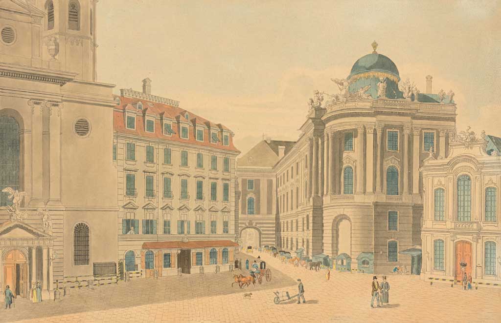 Eighteenth-century engraving of Michaelerplatz in Vienna showing the old Burgtheater and St Michael's Church