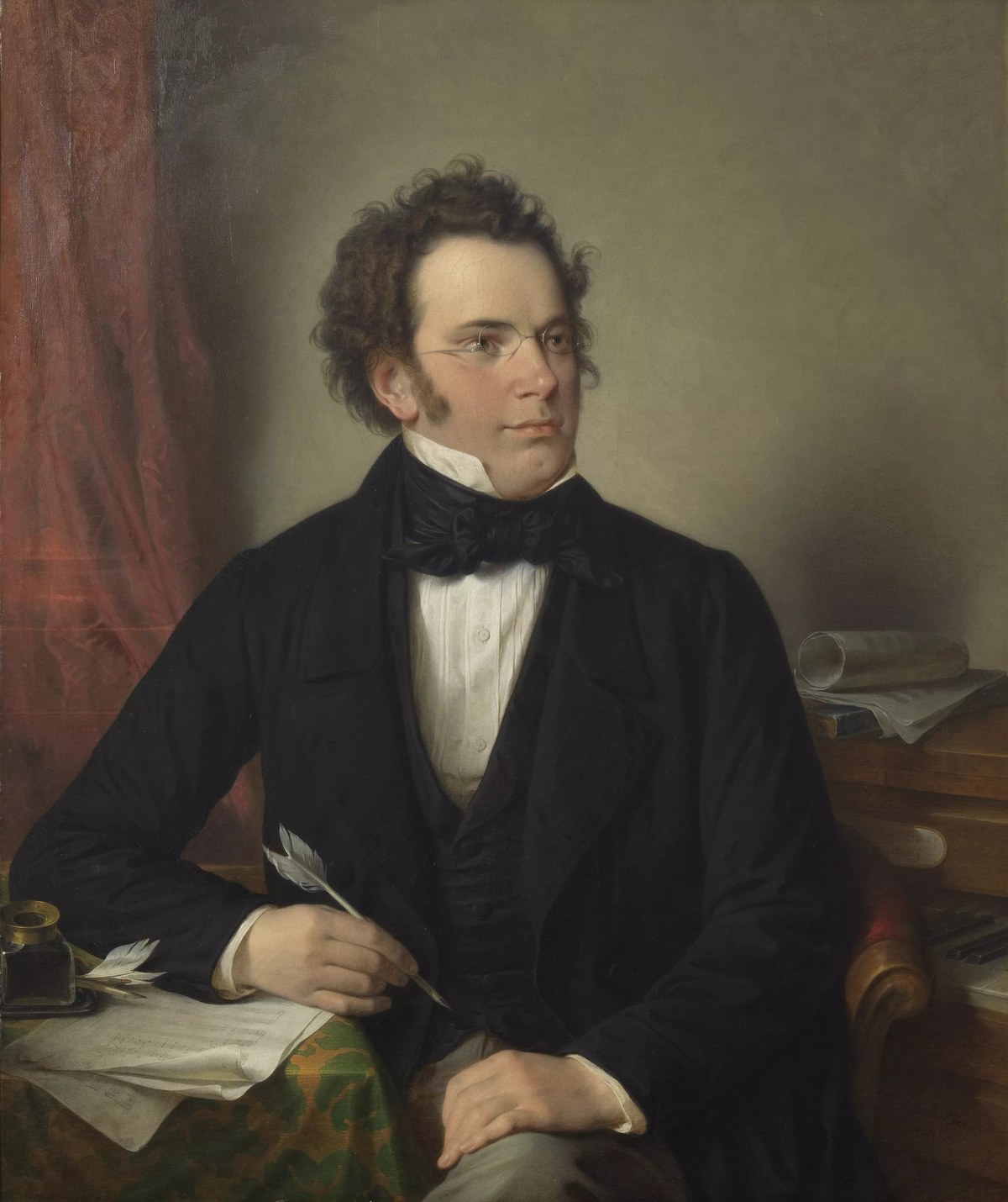 Portrait of Franz Schubert with glasses and brown coat, painted by Wilhelm August Rieder