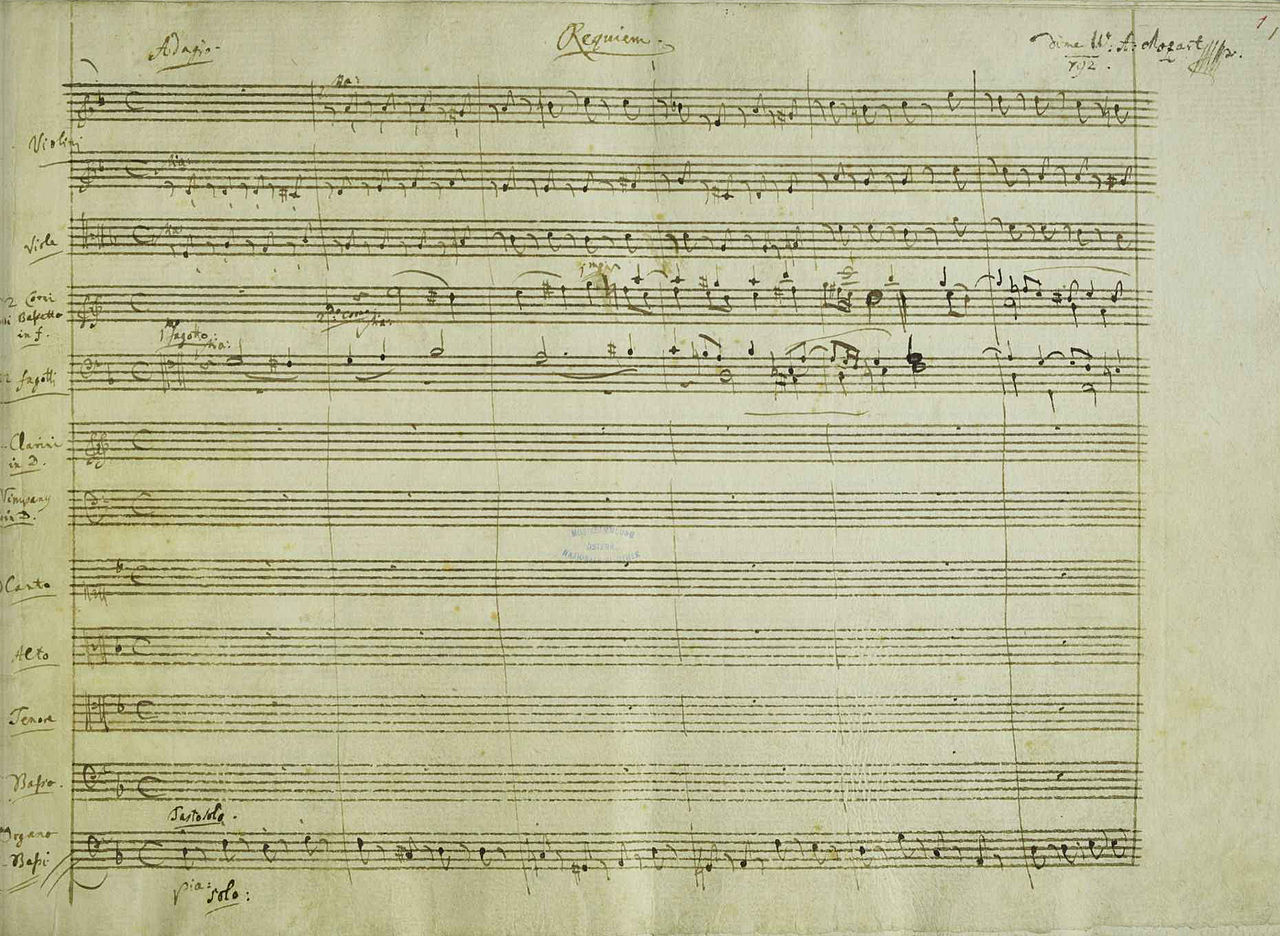 First page of Mozart's autograph score of the Requiem in D minor, K. 626, headed with the title and his signature