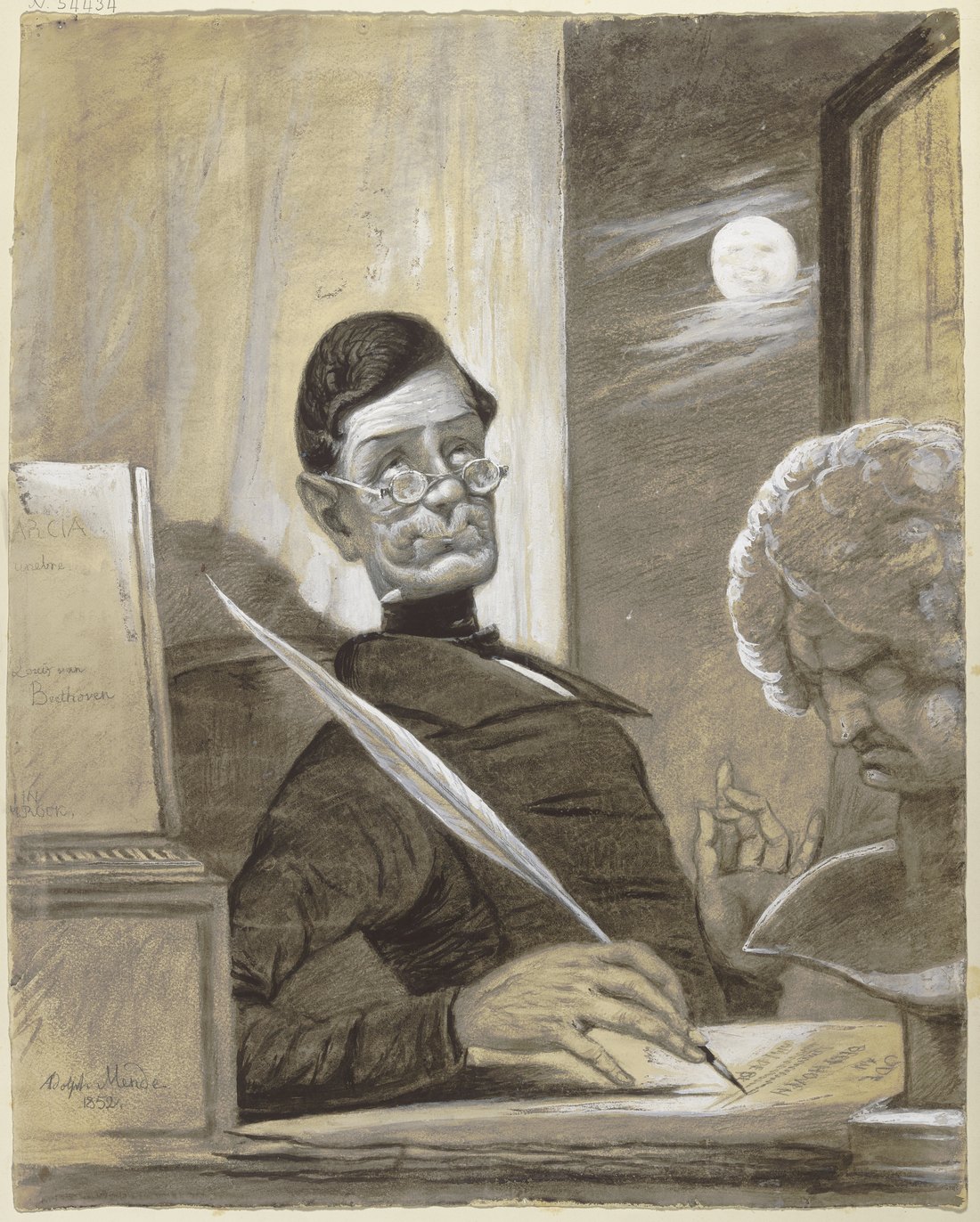 Nineteenth-century print of Anton Schindler writing at his desk by moonlight beside a bust of Beethoven