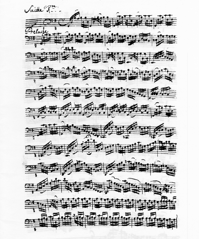 Handwritten manuscript page of the Prelude from Bach's Cello Suite No. 1, copied by Anna Magdalena Bach
