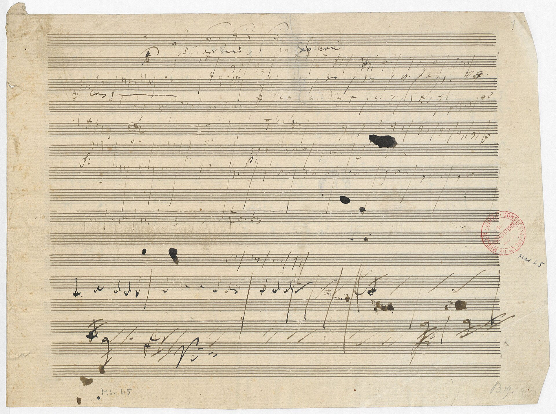Page of Beethoven's handwritten sketches for Symphony No. 5, Op. 67, with inked staves and heavy corrections