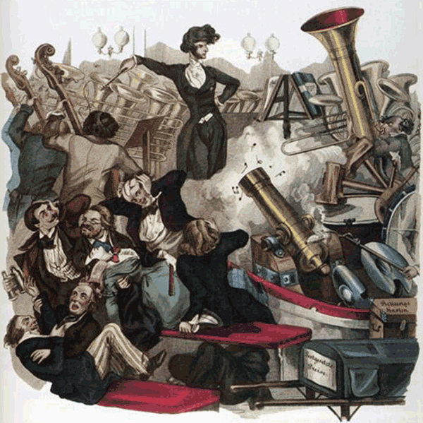 Nineteenth-century caricature of a conductor leading an enormous chaotic orchestra