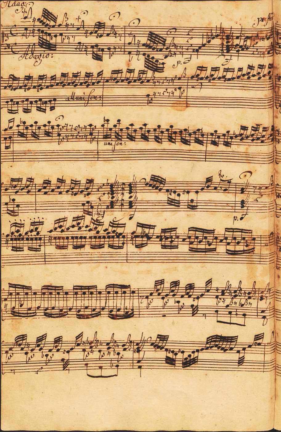 Handwritten eighteenth-century manuscript page of the organ Toccata and Fugue in D minor BWV 565, copied by Johannes Ringk