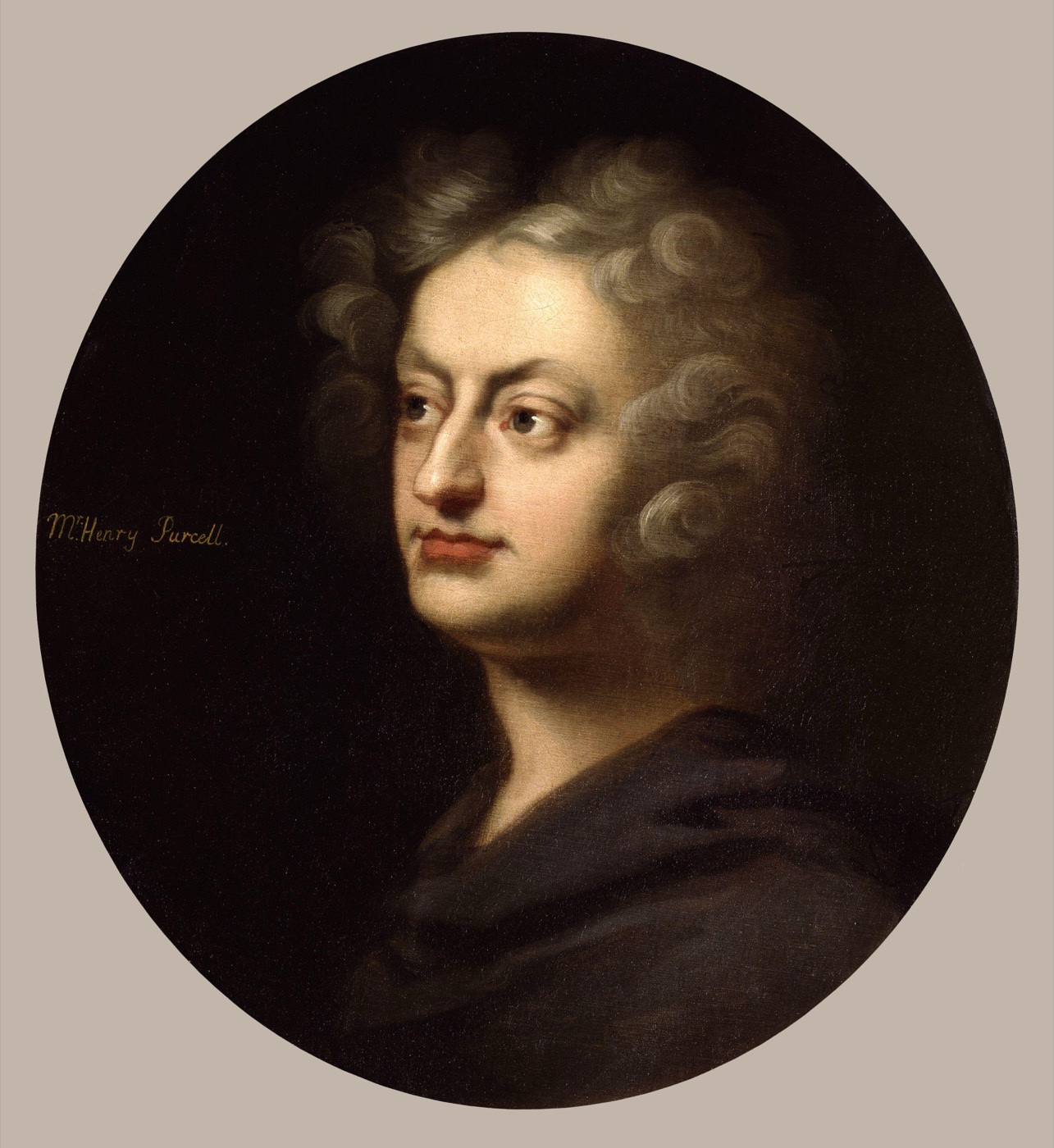 Oval painted portrait of the English composer Henry Purcell in a long curled wig, attributed to John Closterman