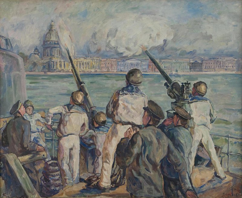Painting Defence of Leningrad by Aristarkh Lentulov showing sailors manning anti-aircraft guns on the Neva embankment