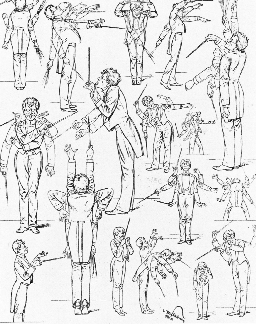 Series of caricature sketches showing Gustav Mahler conducting with exaggerated gestures