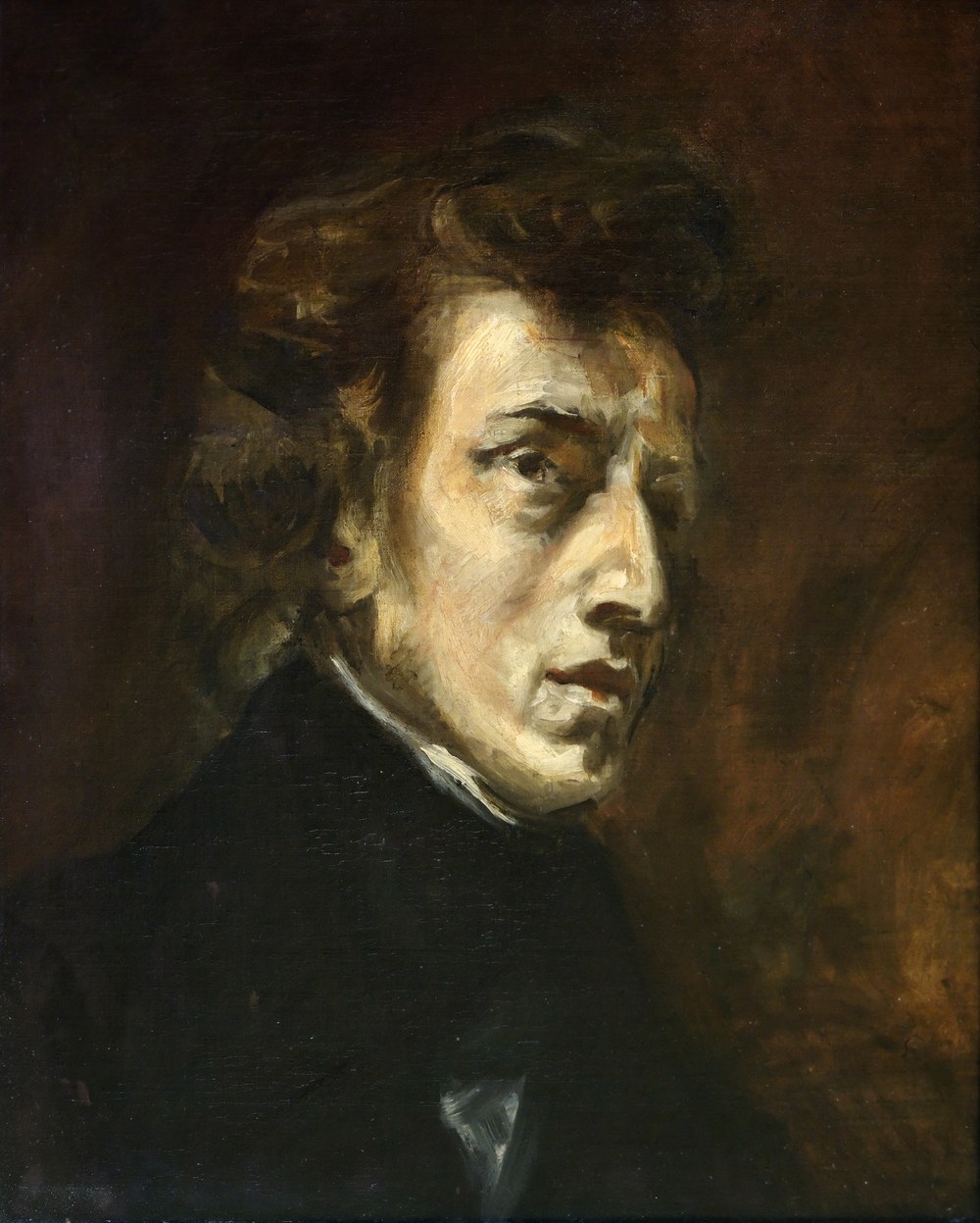 Eugene Delacroix oil portrait of composer Frederic Chopin in three-quarter profile against a dark background