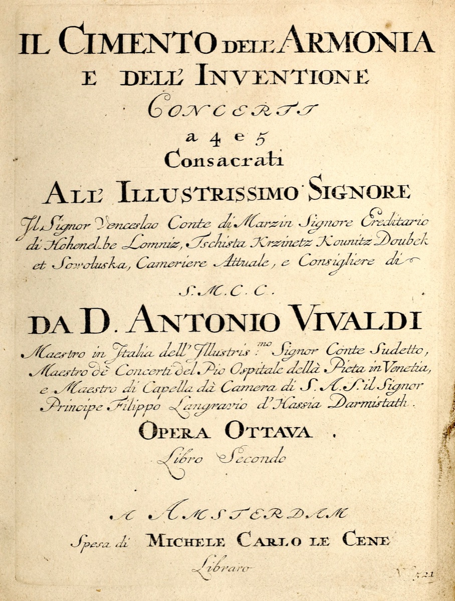 Printed title page of Vivaldi's Il cimento dell'armonia e dell'inventione, Op. 8, published in Amsterdam