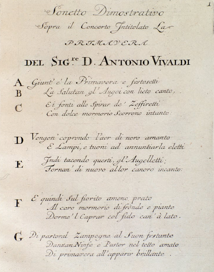 Printed eighteenth-century page showing the Italian sonnet for Vivaldi's La primavera, the Spring concerto