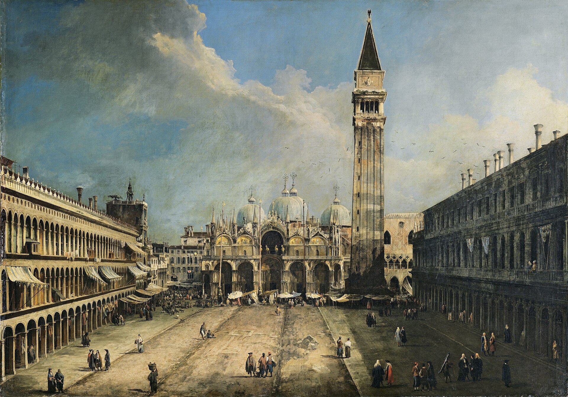 Canaletto painting of the Piazza San Marco in Venice with the basilica and campanile