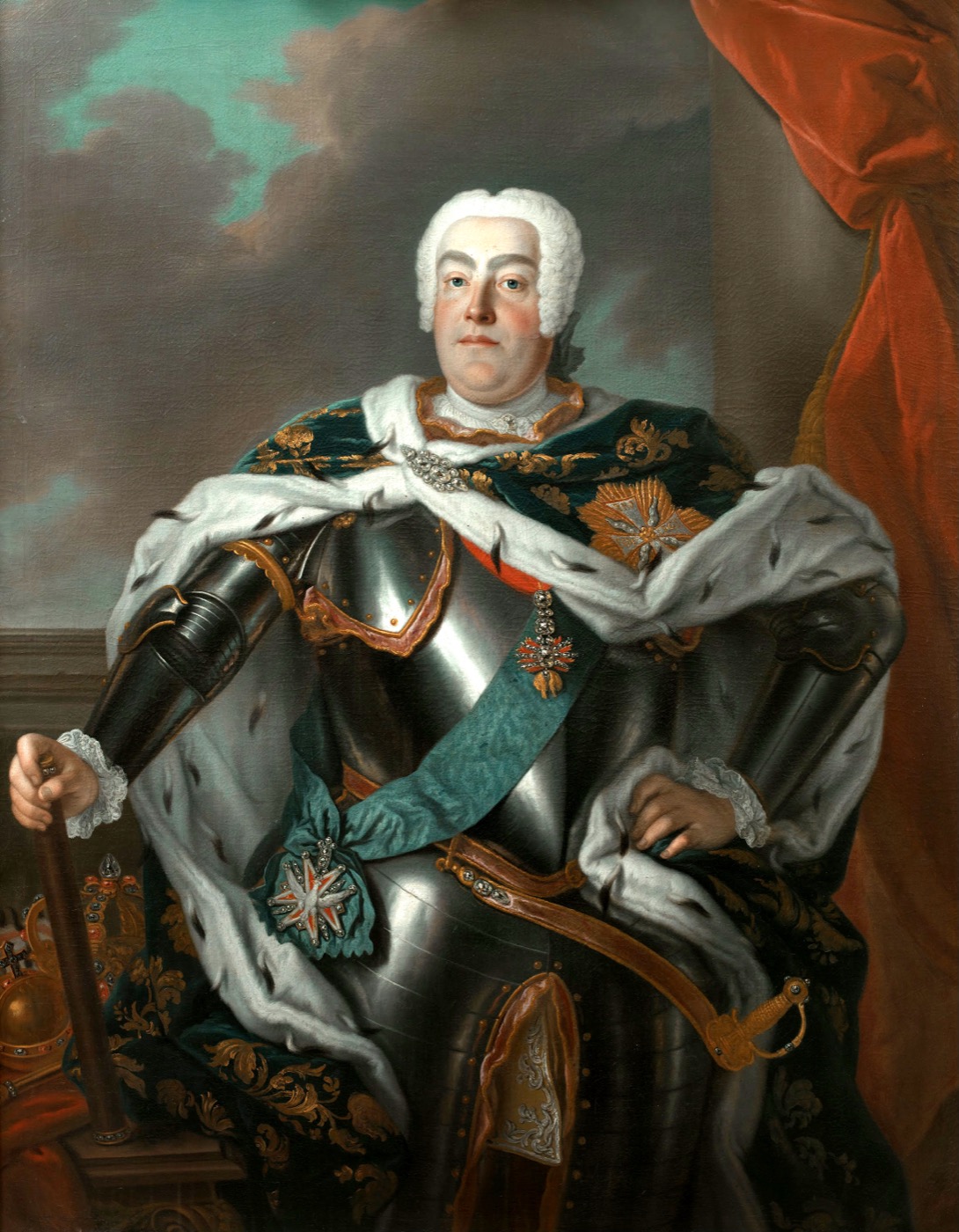 Full-length painted portrait of Augustus III, Elector of Saxony and King of Poland, in armour and ermine robes by Louis de Silvestre
