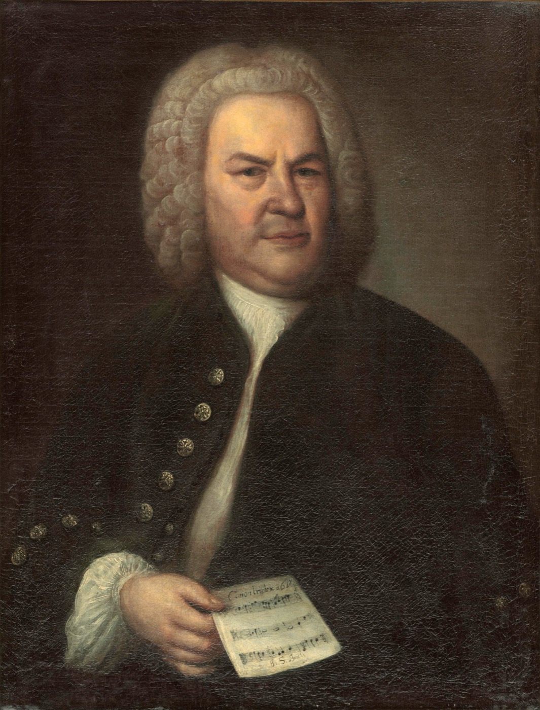 Oil portrait of Johann Sebastian Bach in a white wig holding a sheet of music, painted by Elias Gottlob Haussmann