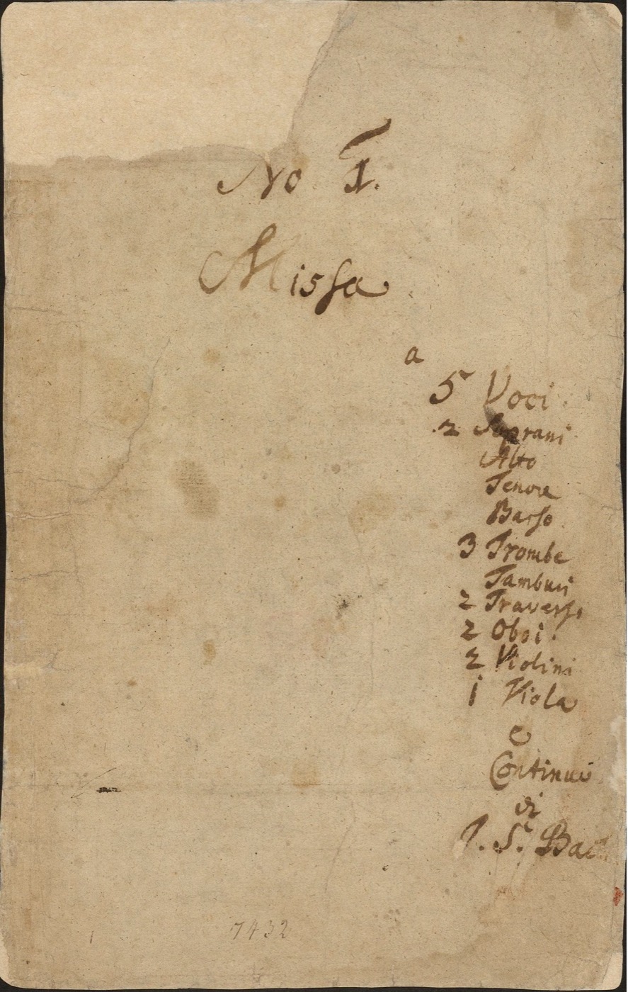 Bach's handwritten title page for the 1733 Missa BWV 232, listing the vocal parts and instruments in brown ink