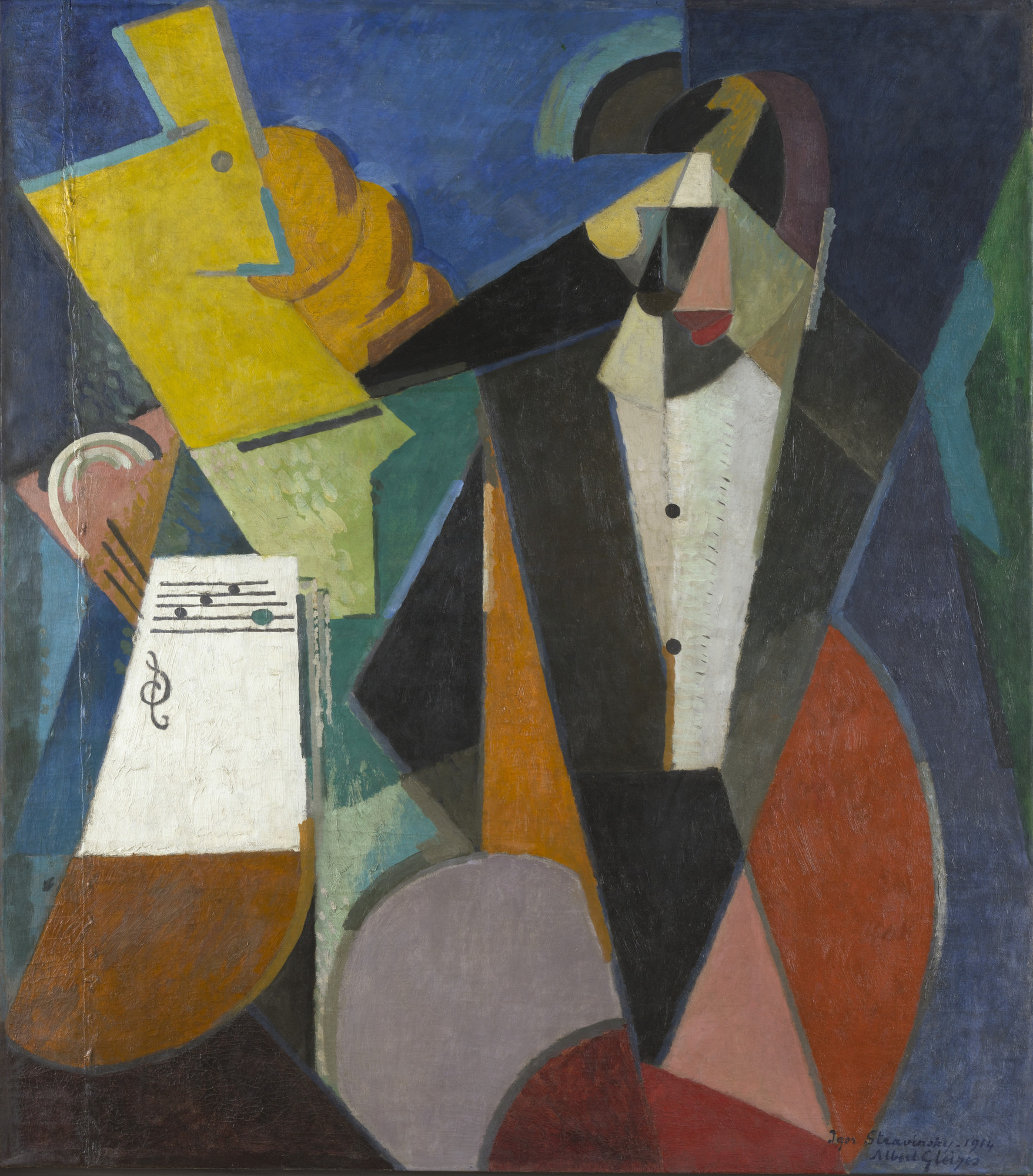 Cubist painted portrait of composer Igor Stravinsky by Albert Gleizes, 1914, with fragments of music notation