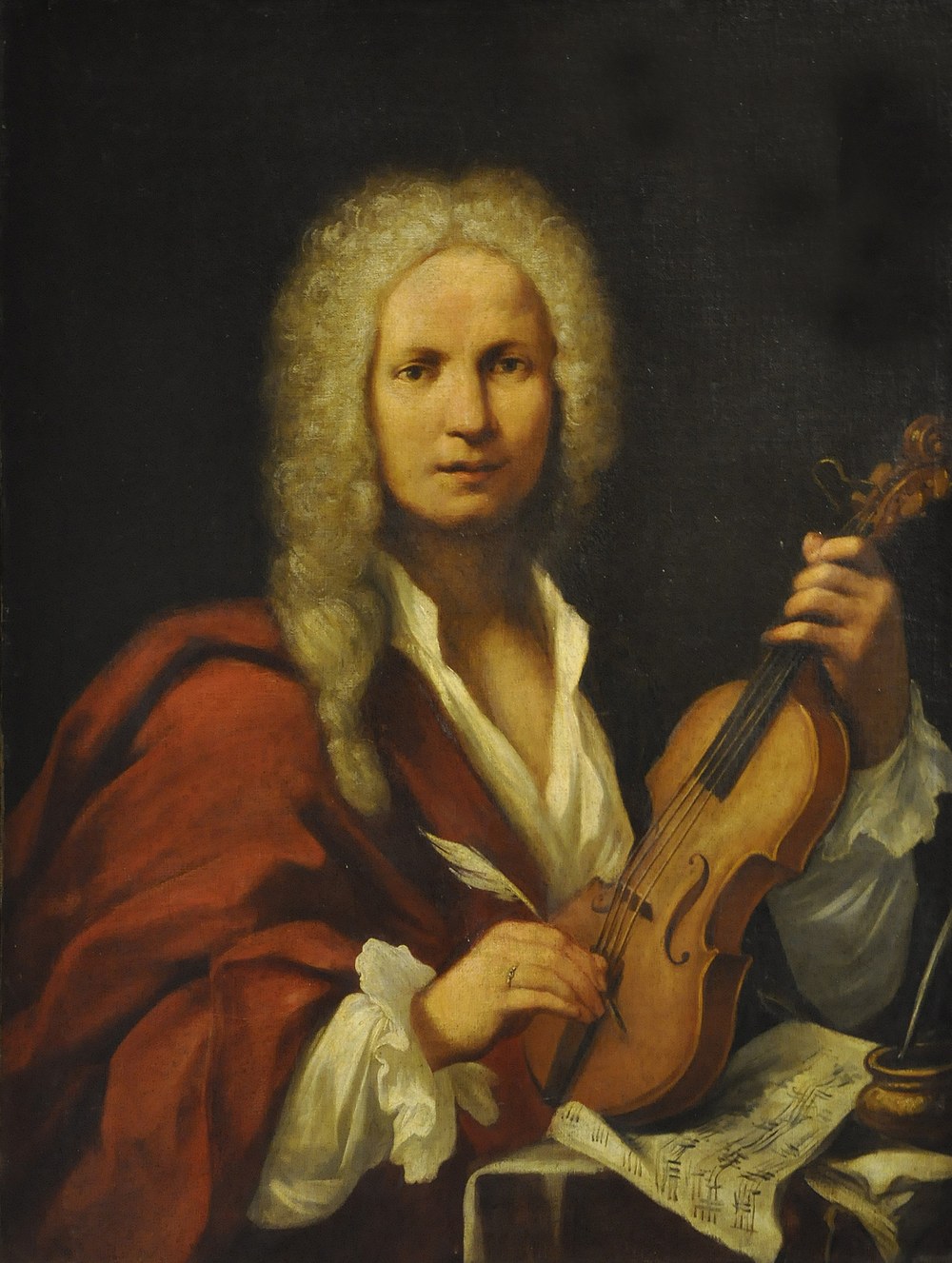 Oil portrait of a man in a white wig holding a violin and a sheet of manuscript, long identified as Antonio Vivaldi