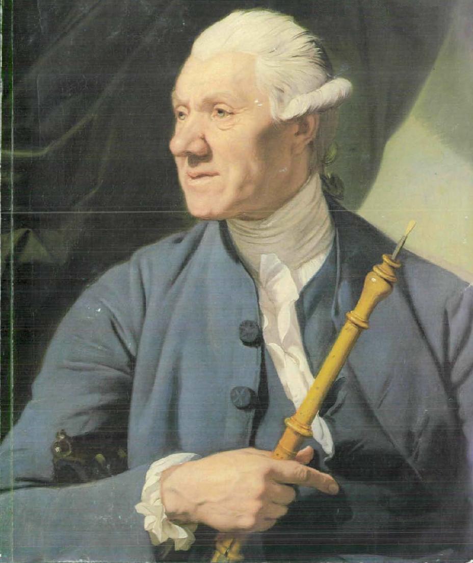 Eighteenth-century portrait painting of a man in a blue coat holding a baroque oboe
