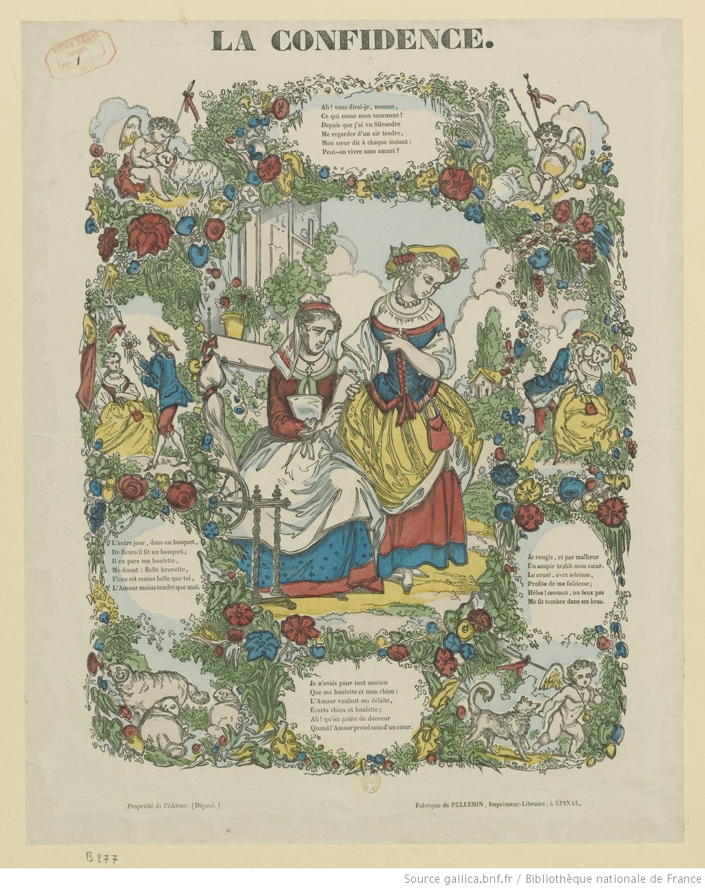 Nineteenth-century French Epinal print titled La Confidence, illustrating the verses of Ah! vous dirai-je, maman