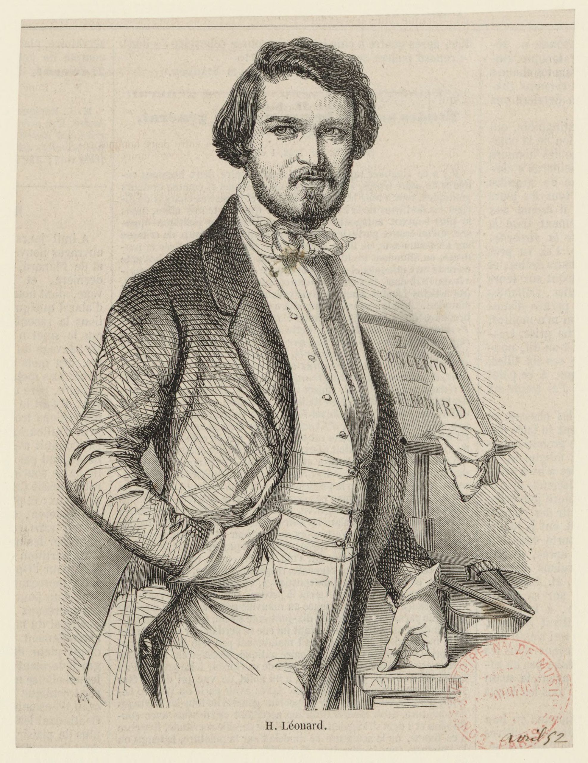 Engraved portrait of the Belgian violinist Hubert Leonard seated beside a music stand